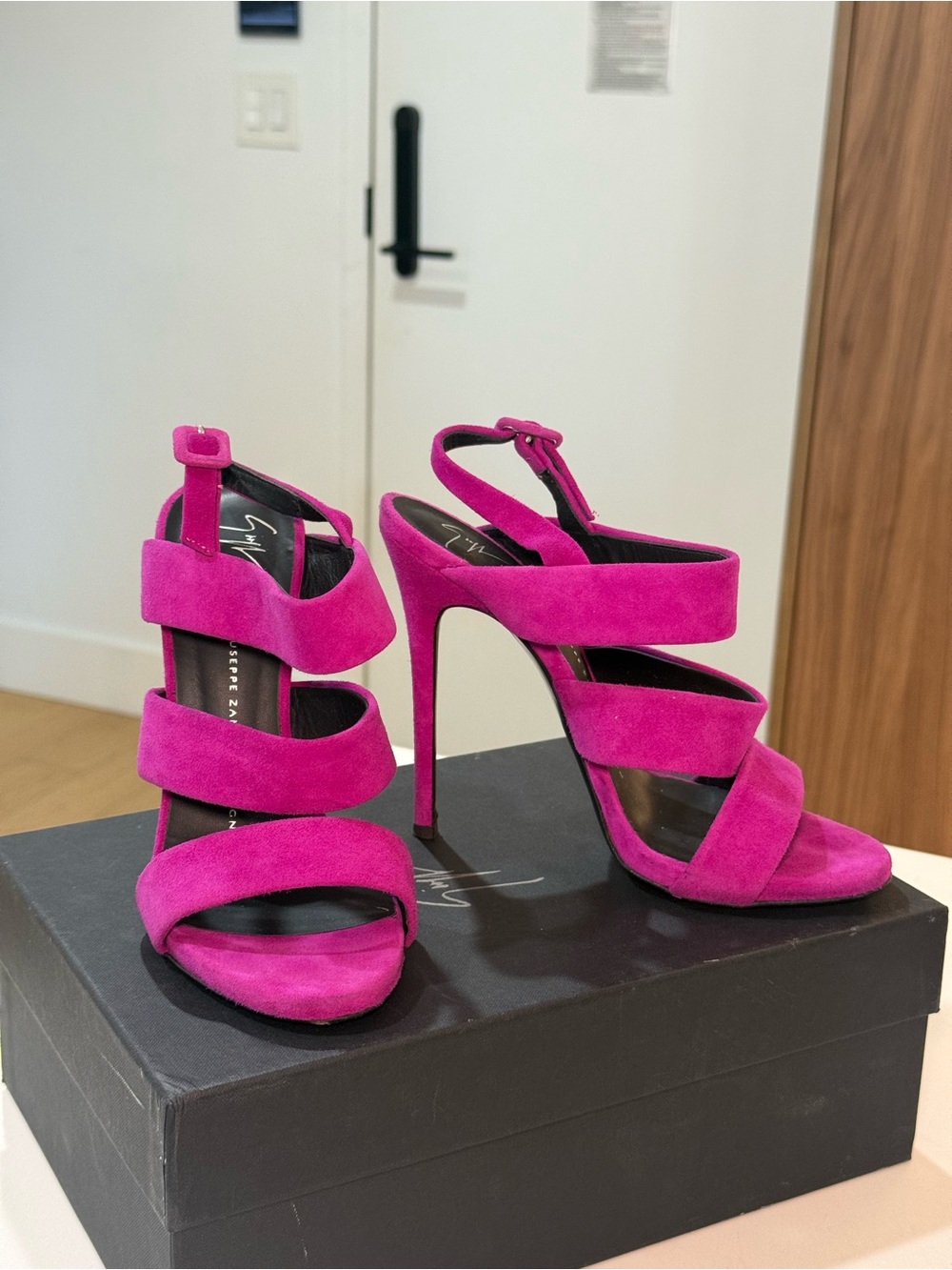 Giuseppe Zanotti Hot Pink Suede Strappy Stiletto Sandals